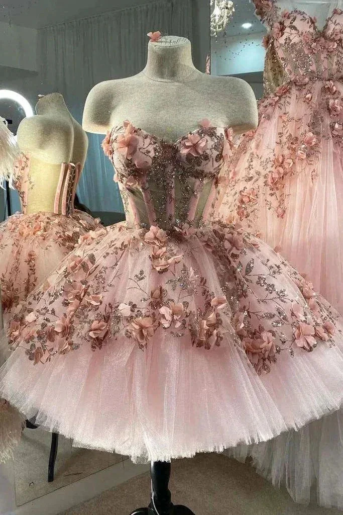 Blush Pink Flowers Applique Ball Gown,A Line Tulle Prom Dresses,Quinceanera Dresses Y388 - Image 6
