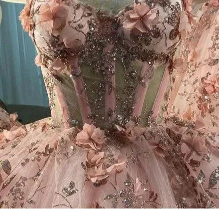 Blush Pink Flowers Applique Ball Gown,A Line Tulle Prom Dresses,Quinceanera Dresses Y388 - Image 7