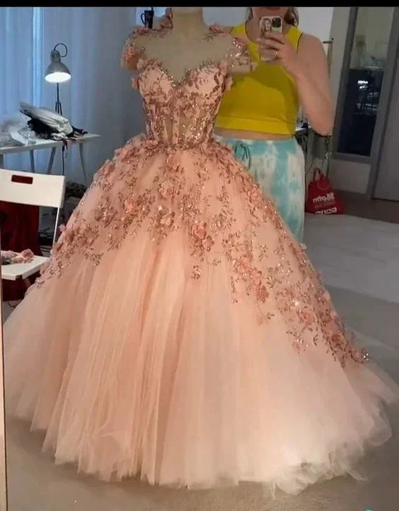Blush Pink Flowers Applique Ball Gown,A Line Tulle Prom Dresses,Quinceanera Dresses Y388 - Image 8