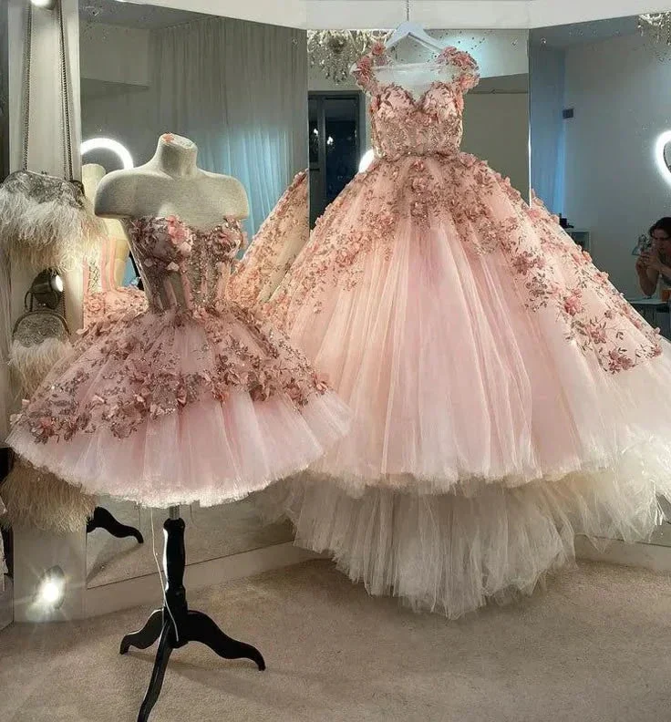 Blush Pink Flowers Applique Ball Gown,A Line Tulle Prom Dresses,Quinceanera Dresses Y388 - Image 9