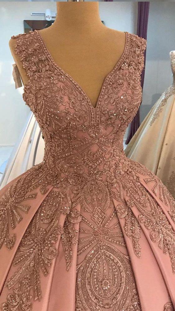 Blush Pink Lace Beaded Quinceanera Dresses Deep V-neck Satin Ball Gown Y1086 - Image 2