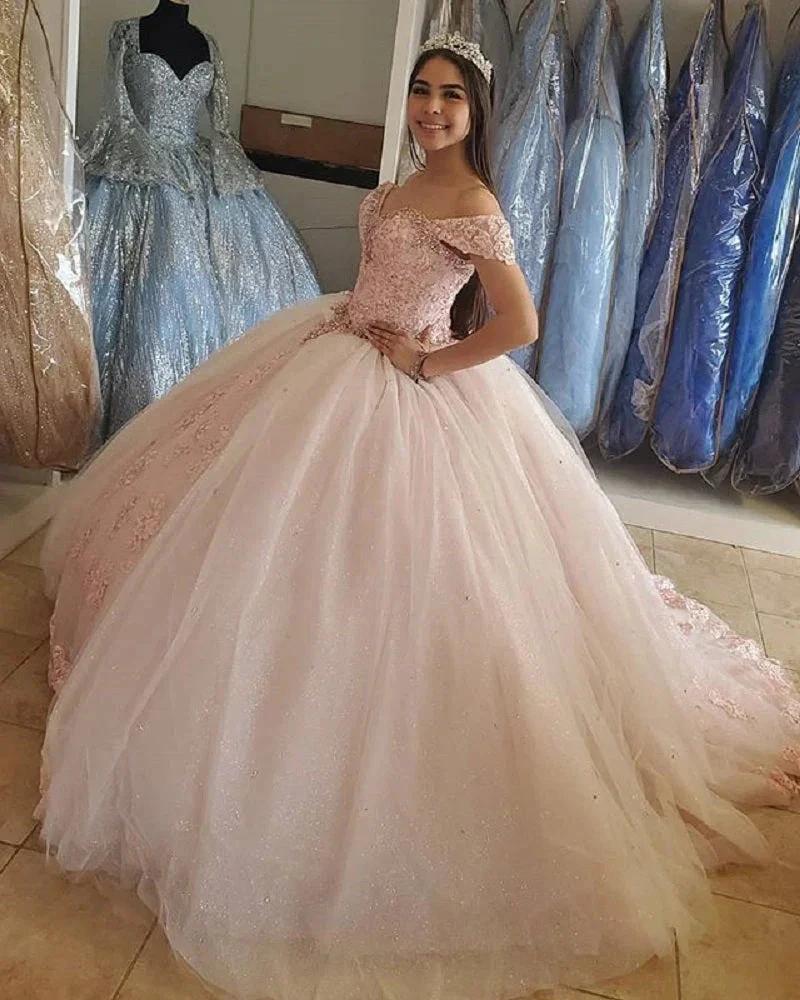 Blush Pink Puffy Sweet 16 Off Shoulder Ball Gowns Sixteen Beaded Crystal Light Pink Tulle Quinceanera Dress Princess Prom Dresses S27021 - Image 2