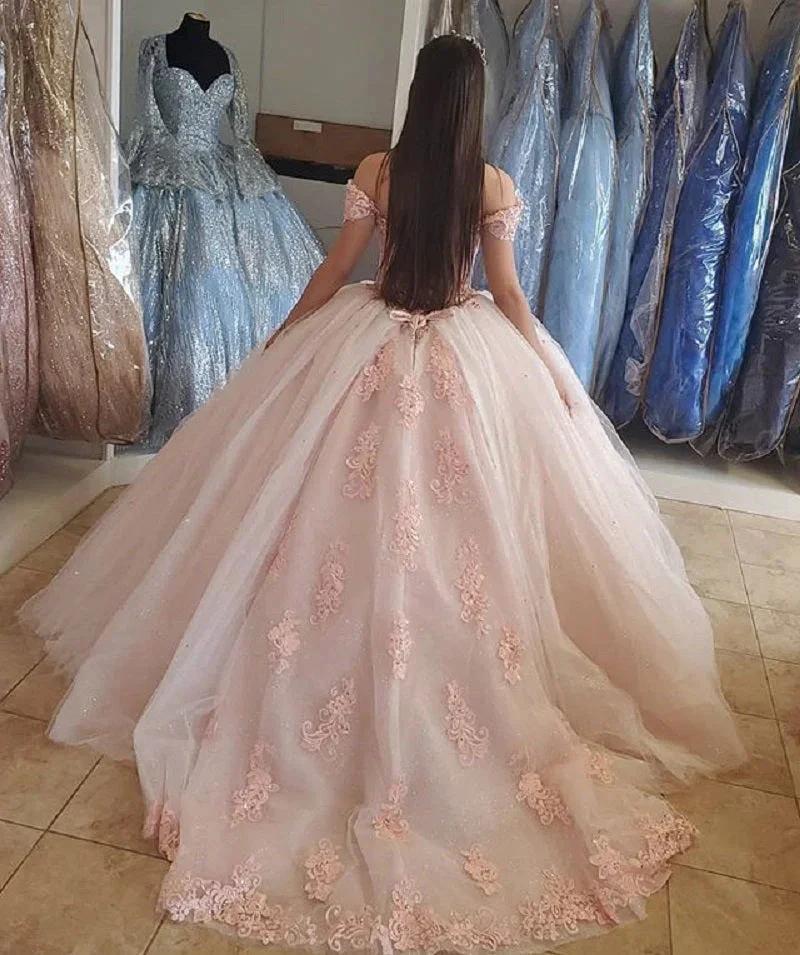 Blush Pink Puffy Sweet 16 Off Shoulder Ball Gowns Sixteen Beaded Crystal Light Pink Tulle Quinceanera Dress Princess Prom Dresses S27021 - Image 3