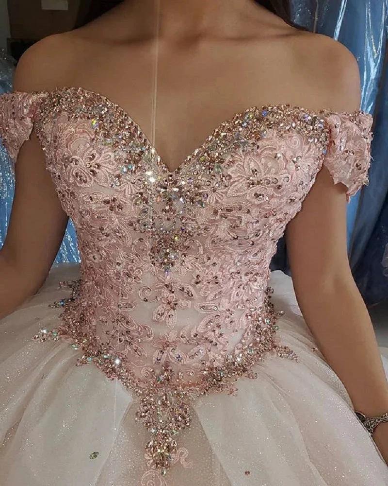 Blush Pink Puffy Sweet 16 Off Shoulder Ball Gowns Sixteen Beaded Crystal Light Pink Tulle Quinceanera Dress Princess Prom Dresses S27021 - Image 4