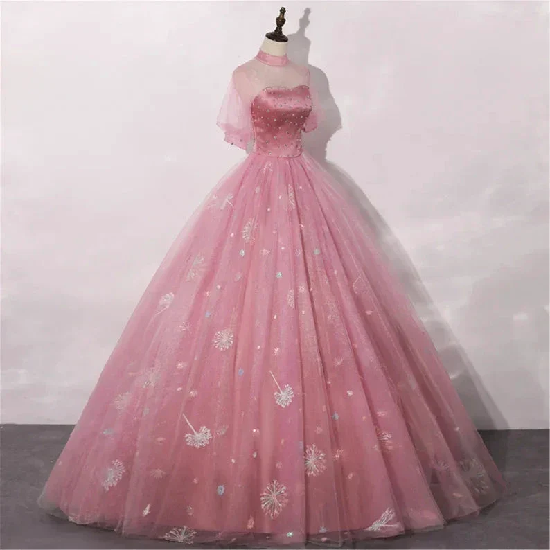 Blush Pink Quinceanera Dress Masquerade Dress A-Line Wedding Dress Floor Length High Neck Bridal Gown Short Sleeves Y2937 - Image 3