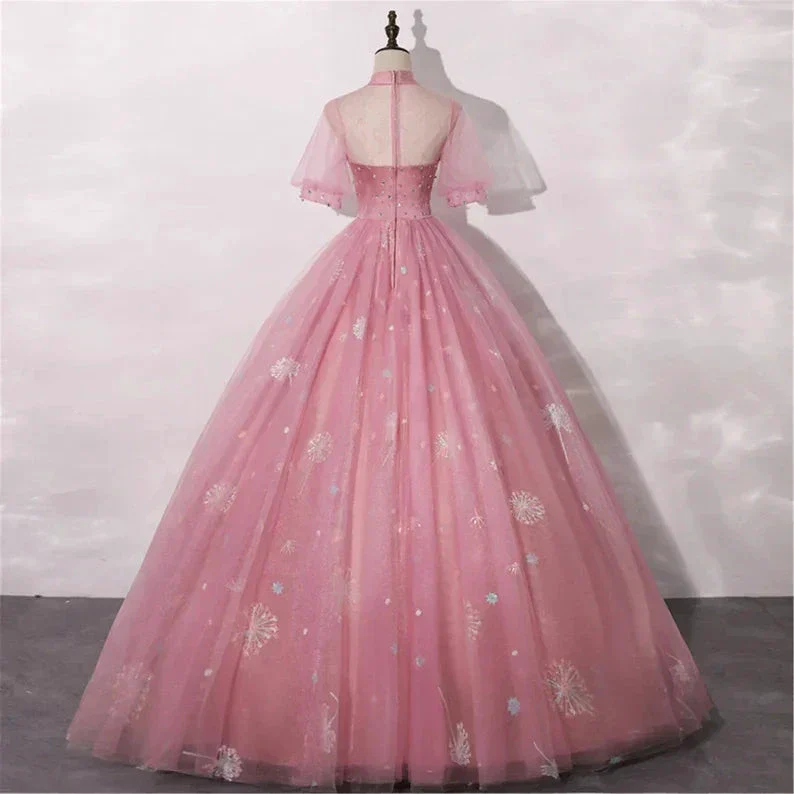 Blush Pink Quinceanera Dress Masquerade Dress A-Line Wedding Dress Floor Length High Neck Bridal Gown Short Sleeves Y2937 - Image 5