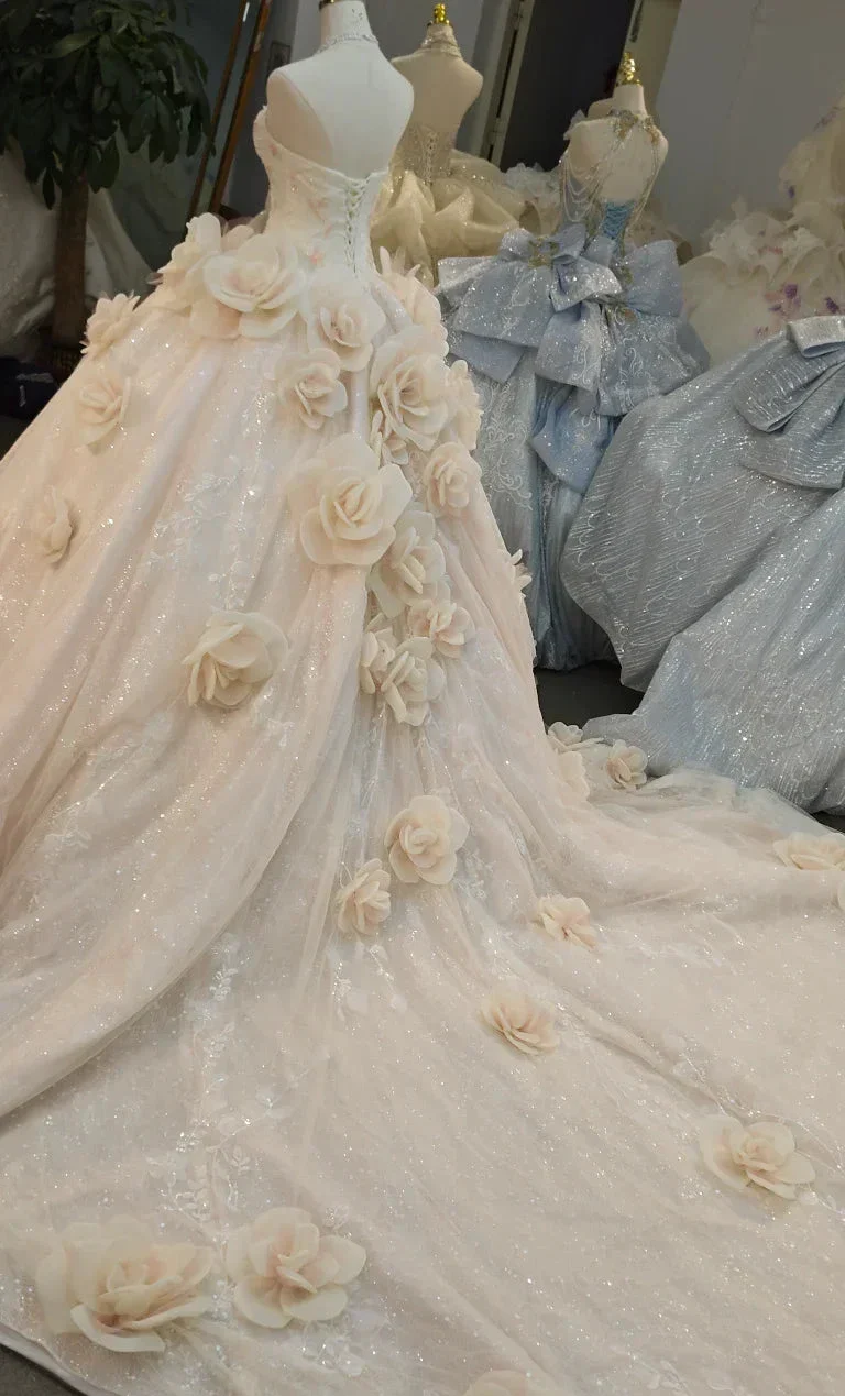 Romantic Blush Ball Gown Strapless 3D Rose Embellished Beaded Wedding Dress with Sparkling Train Ye-2019 - Image 4