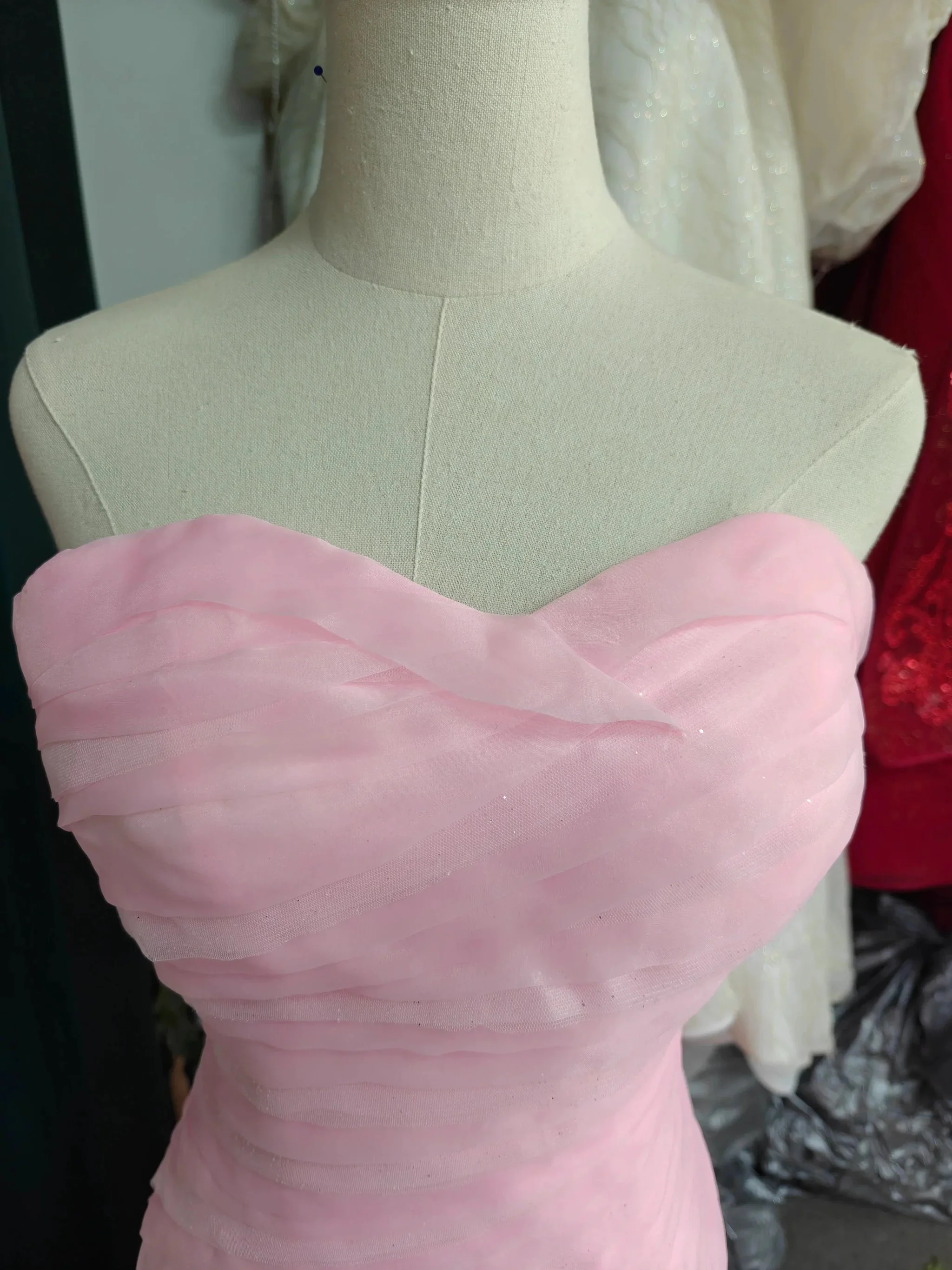 Romantic Blush Pink Strapless Mermaid Wedding Dress with Ruched Bodice & 3D Rose Tulle Skirt Ye-2033 - Image 2