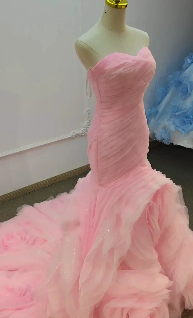 Romantic Blush Pink Strapless Mermaid Wedding Dress with Ruched Bodice & 3D Rose Tulle Skirt Ye-2033 - Image 3