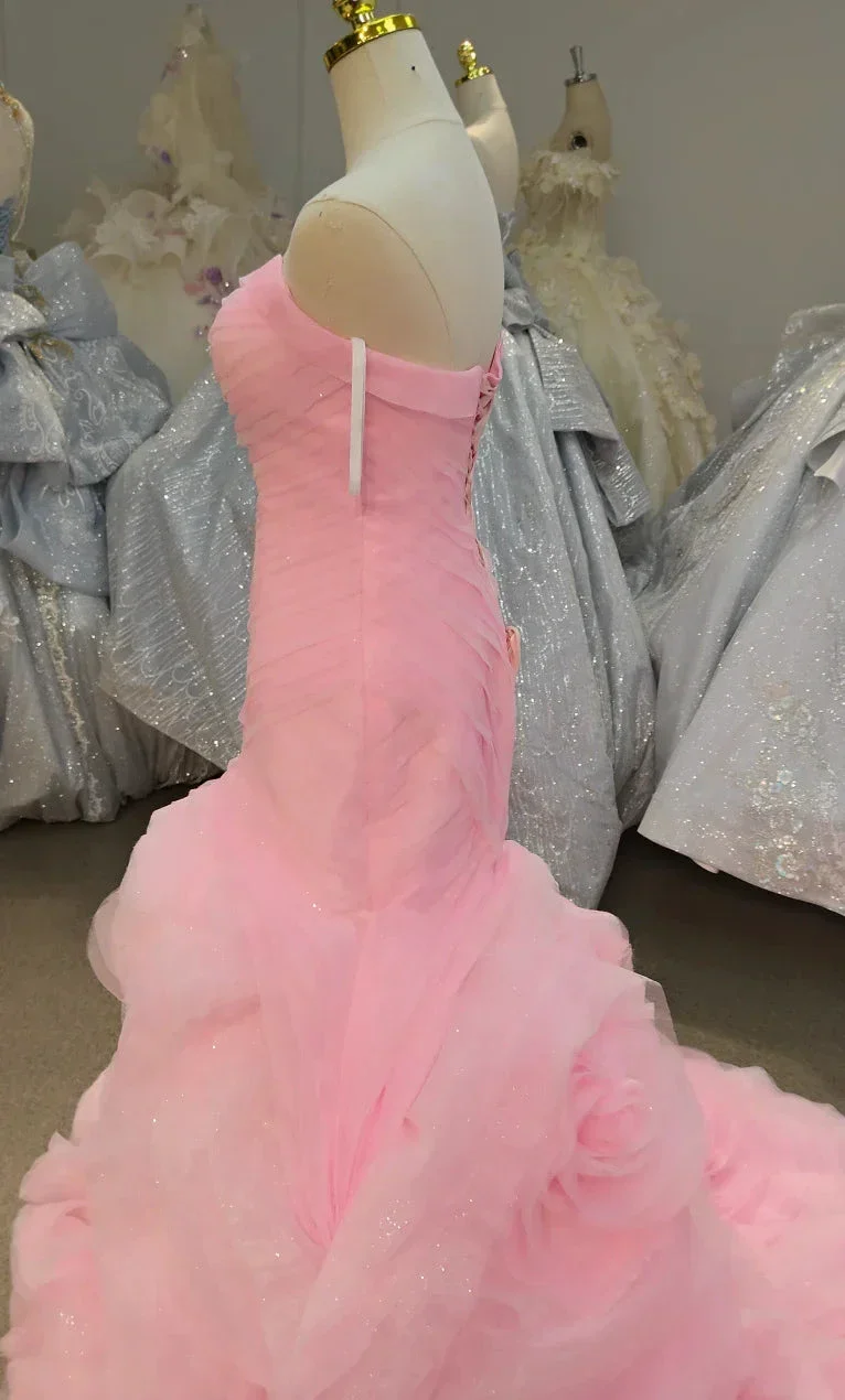 Romantic Blush Pink Strapless Mermaid Wedding Dress with Ruched Bodice & 3D Rose Tulle Skirt Ye-2033 - Image 4