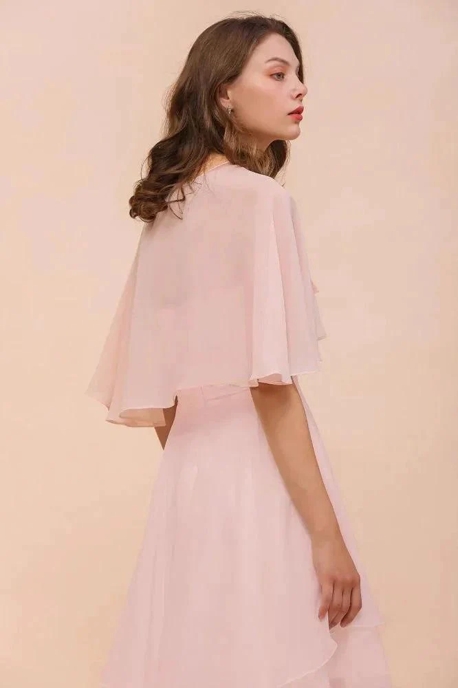 Blushing Pink Bridesmaid Dress Knee Length Simple Chiffon Girls Party Dress with Wraps - Image 2