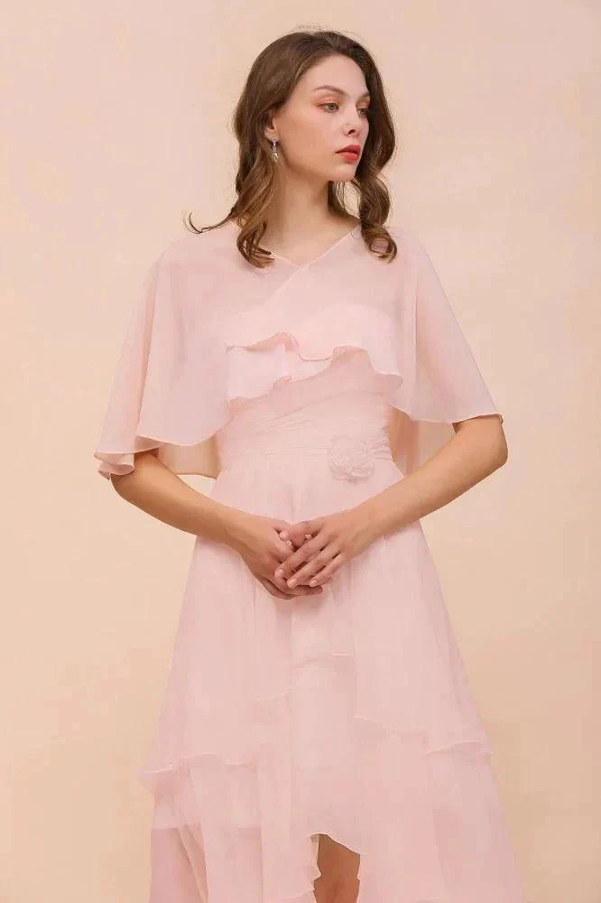 Blushing Pink Bridesmaid Dress Knee Length Simple Chiffon Girls Party Dress with Wraps - Image 3