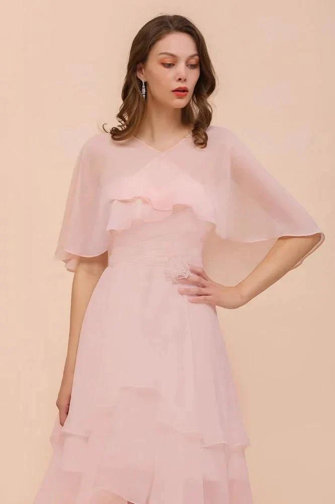 Blushing Pink Bridesmaid Dress Knee Length Simple Chiffon Girls Party Dress with Wraps - Image 4
