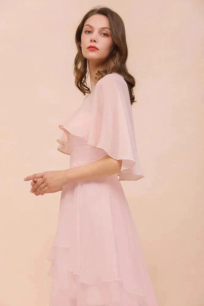 Blushing Pink Bridesmaid Dress Knee Length Simple Chiffon Girls Party Dress with Wraps - Image 5