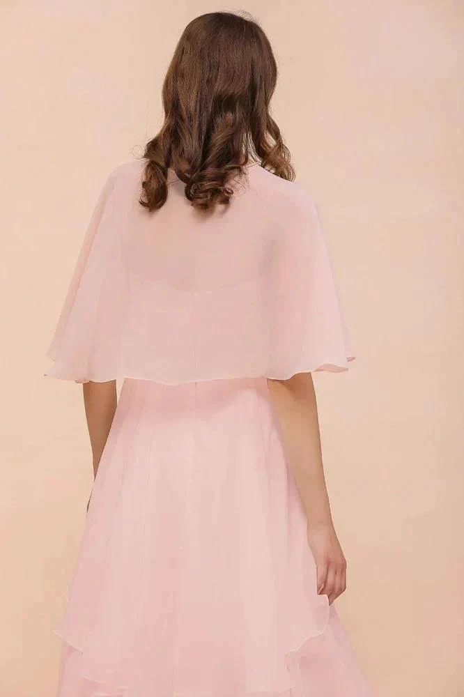 Blushing Pink Bridesmaid Dress Knee Length Simple Chiffon Girls Party Dress with Wraps - Image 6