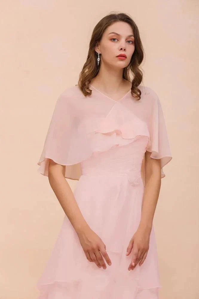 Blushing Pink Bridesmaid Dress Knee Length Simple Chiffon Girls Party Dress with Wraps - Image 7