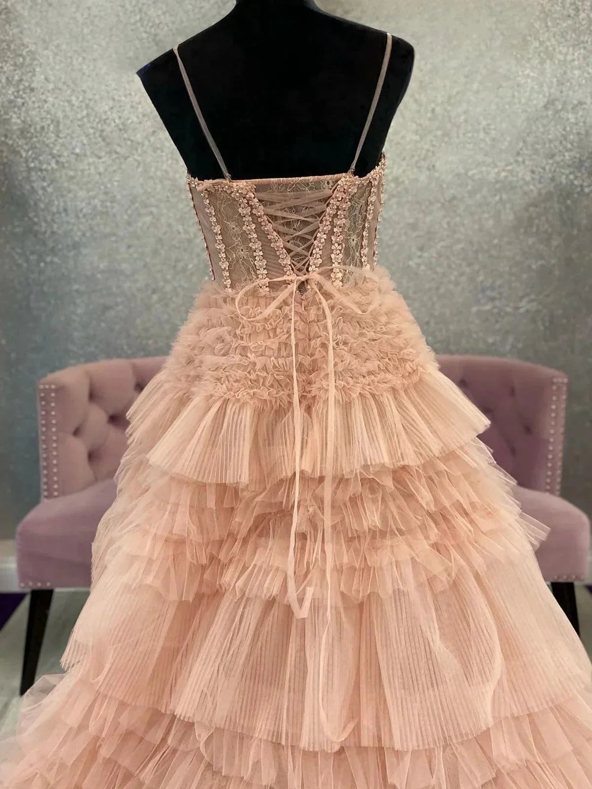 Averi | Blushing Pink Tulle Ruffle Layers Lace-Up Back A-Line Prom Dress - Image 2