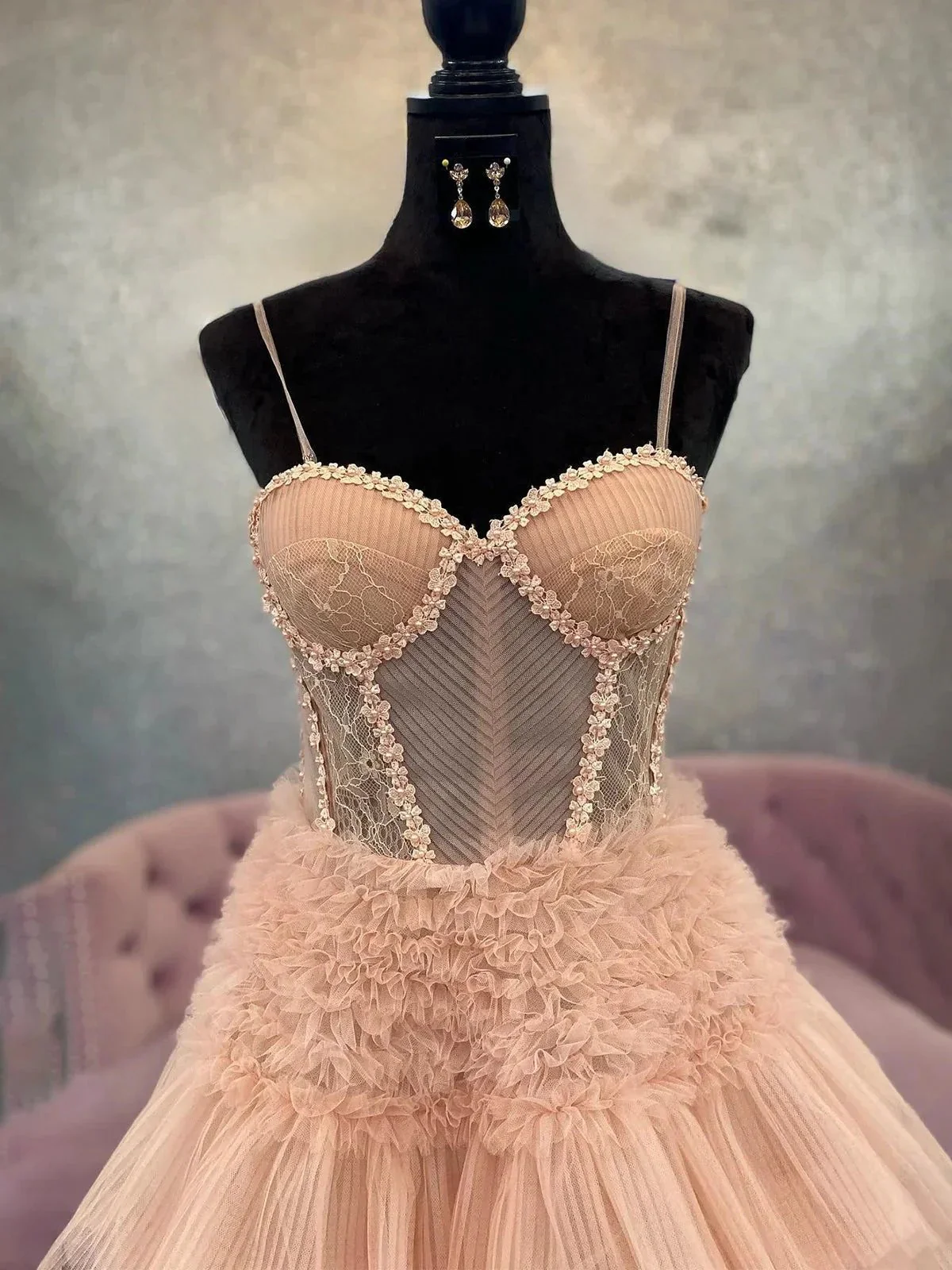 Averi | Blushing Pink Tulle Ruffle Layers Lace-Up Back A-Line Prom Dress - Image 3
