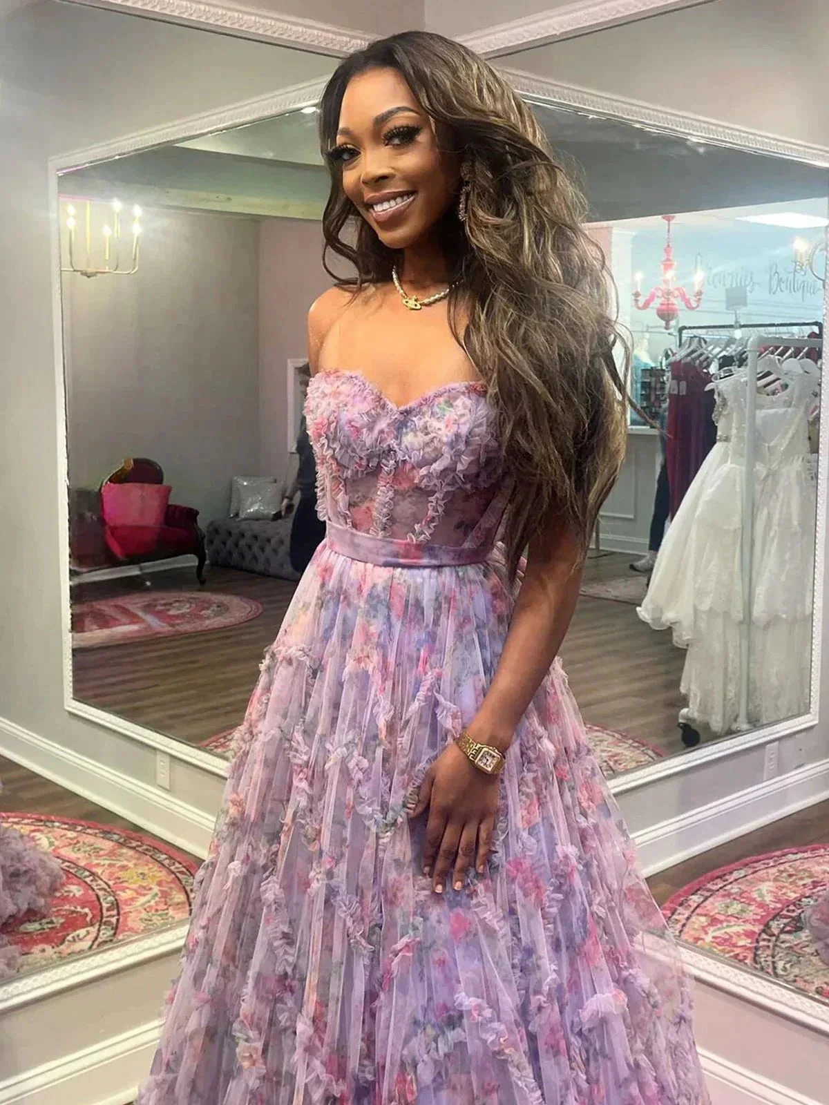 Bobbie | A-Line Sweetheart Purple Floral Print Ruffle Long Prom Dress - Image 2