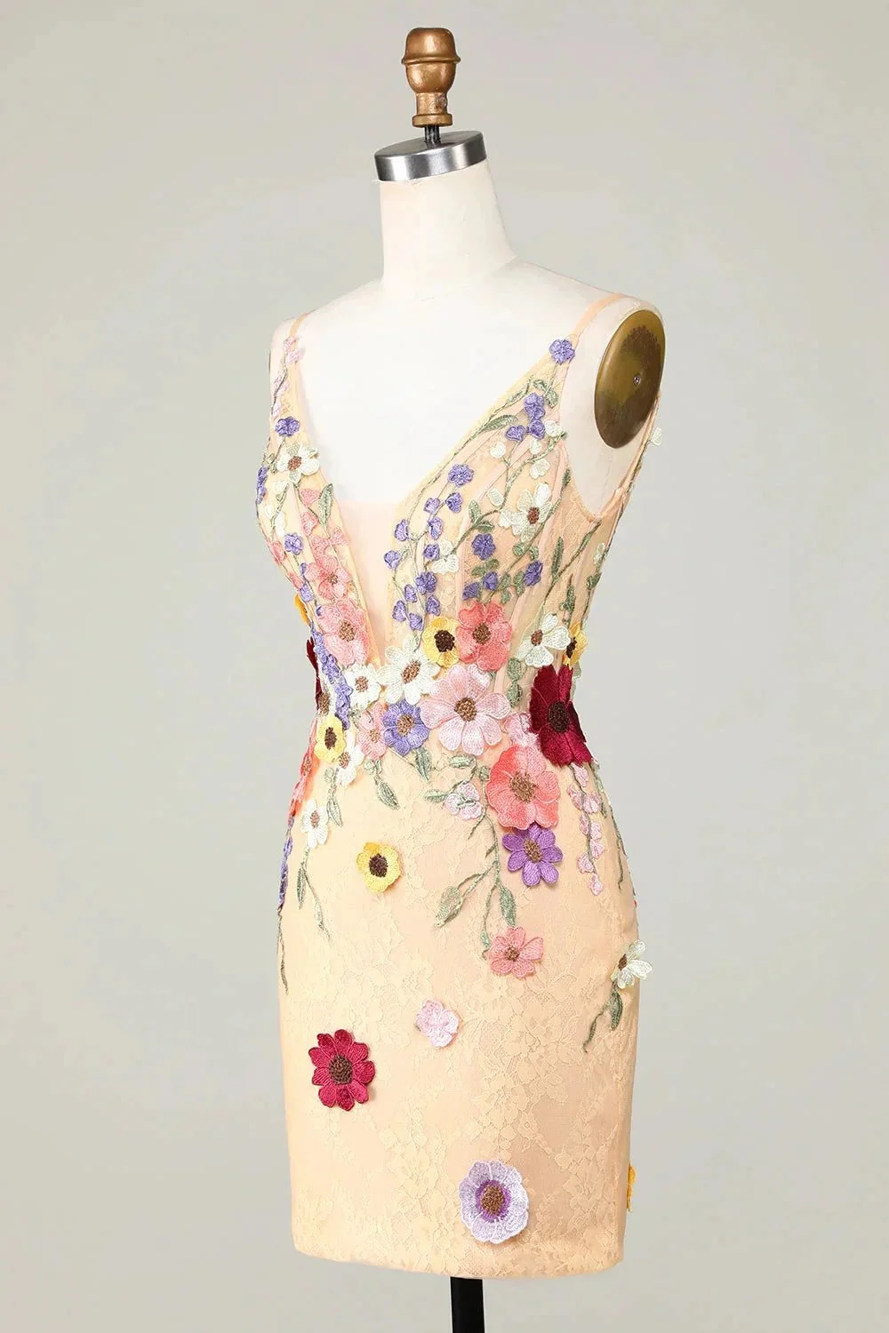Champagne Bodycon Deep V-Neck Short Homecoming Dress with Appliques - Image 3