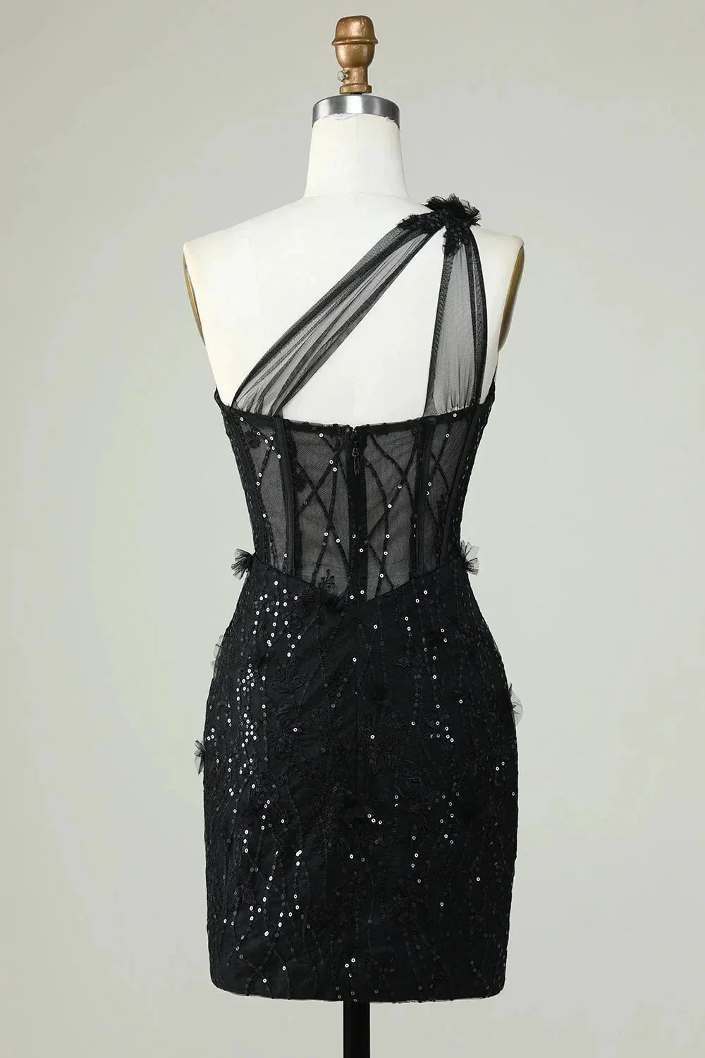 Black Bodycon One Shoulder Corset Short Homecoming Dress with Appliques - Image 2
