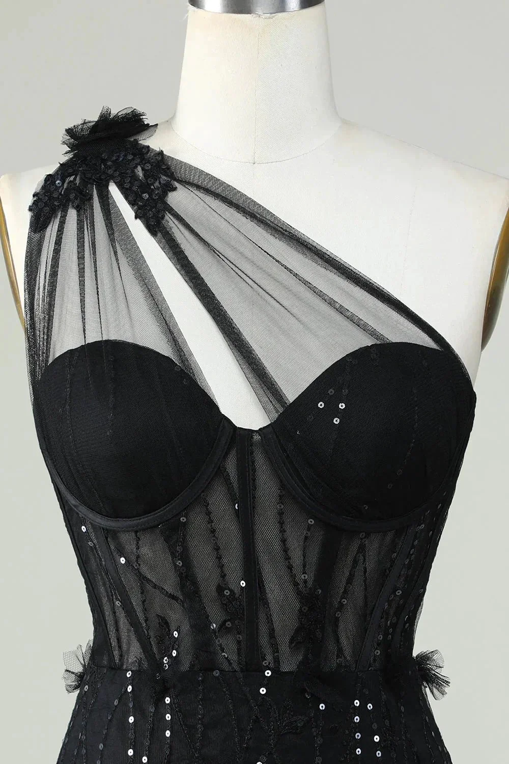 Black Bodycon One Shoulder Corset Short Homecoming Dress with Appliques - Image 3