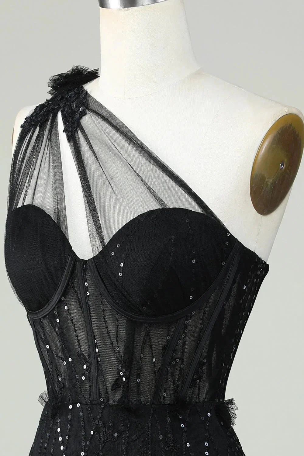 Black Bodycon One Shoulder Corset Short Homecoming Dress with Appliques - Image 4
