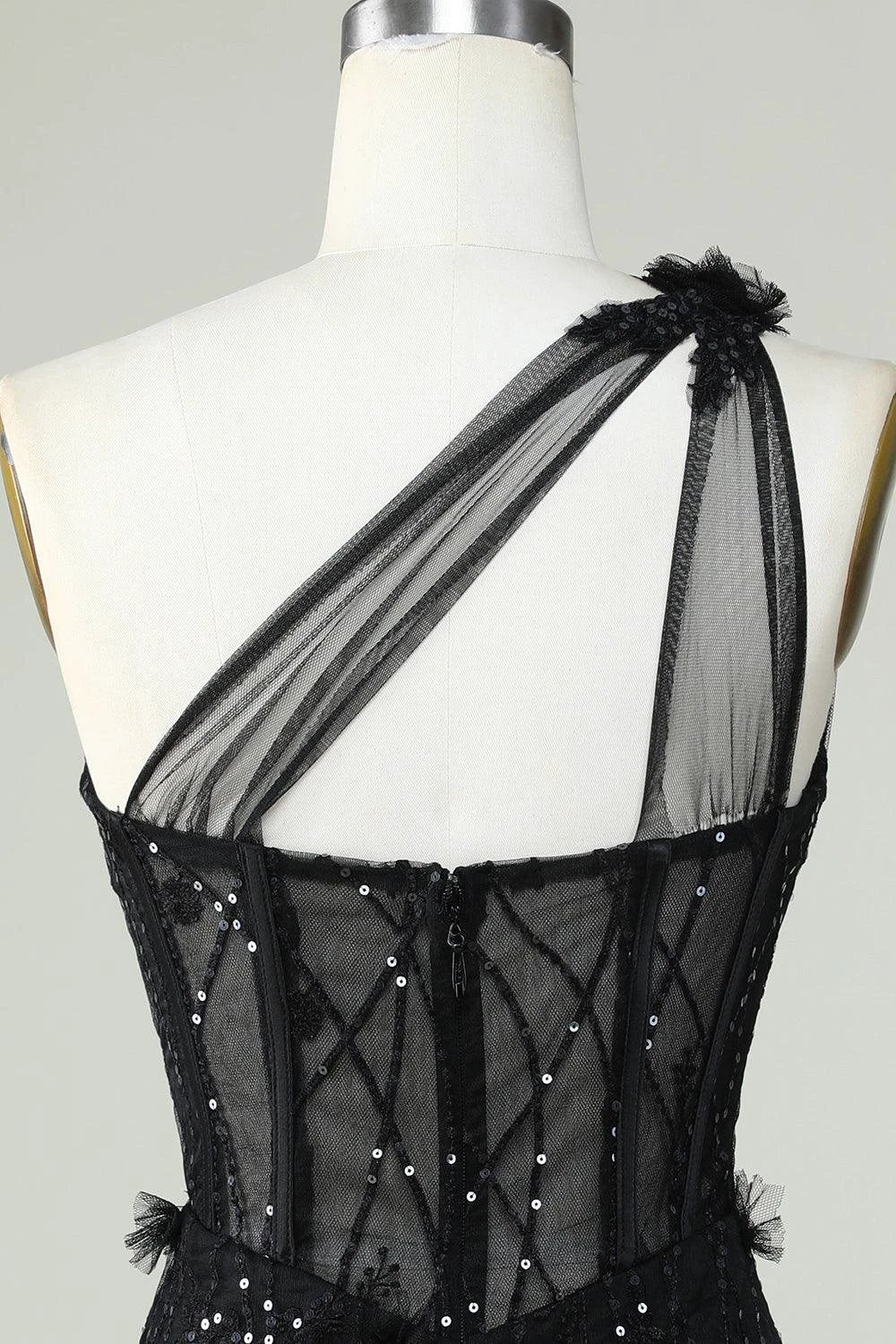 Black Bodycon One Shoulder Corset Short Homecoming Dress with Appliques - Image 5