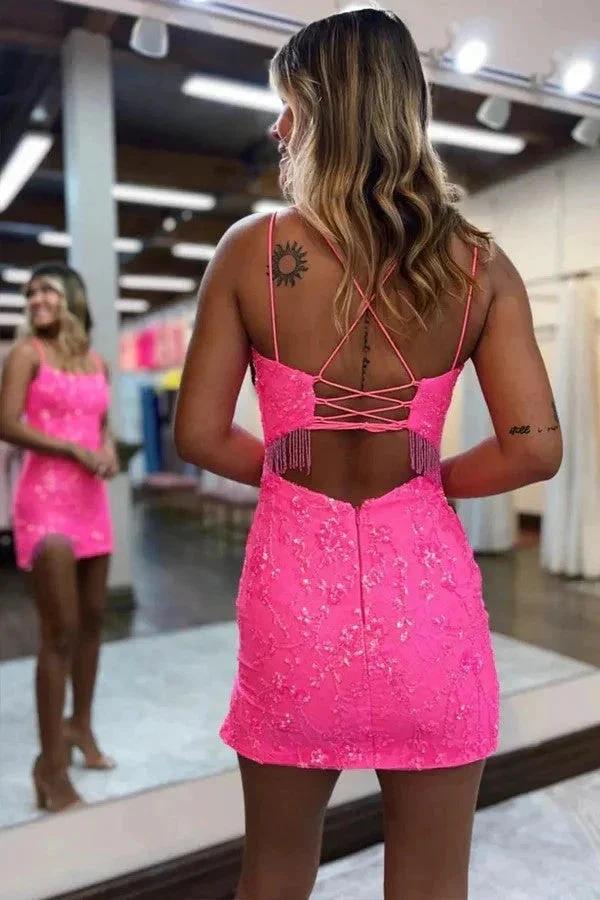 Bodycon Spaghetti Straps Hot Pink Homecoming Dress with Beading PD526 - Image 3