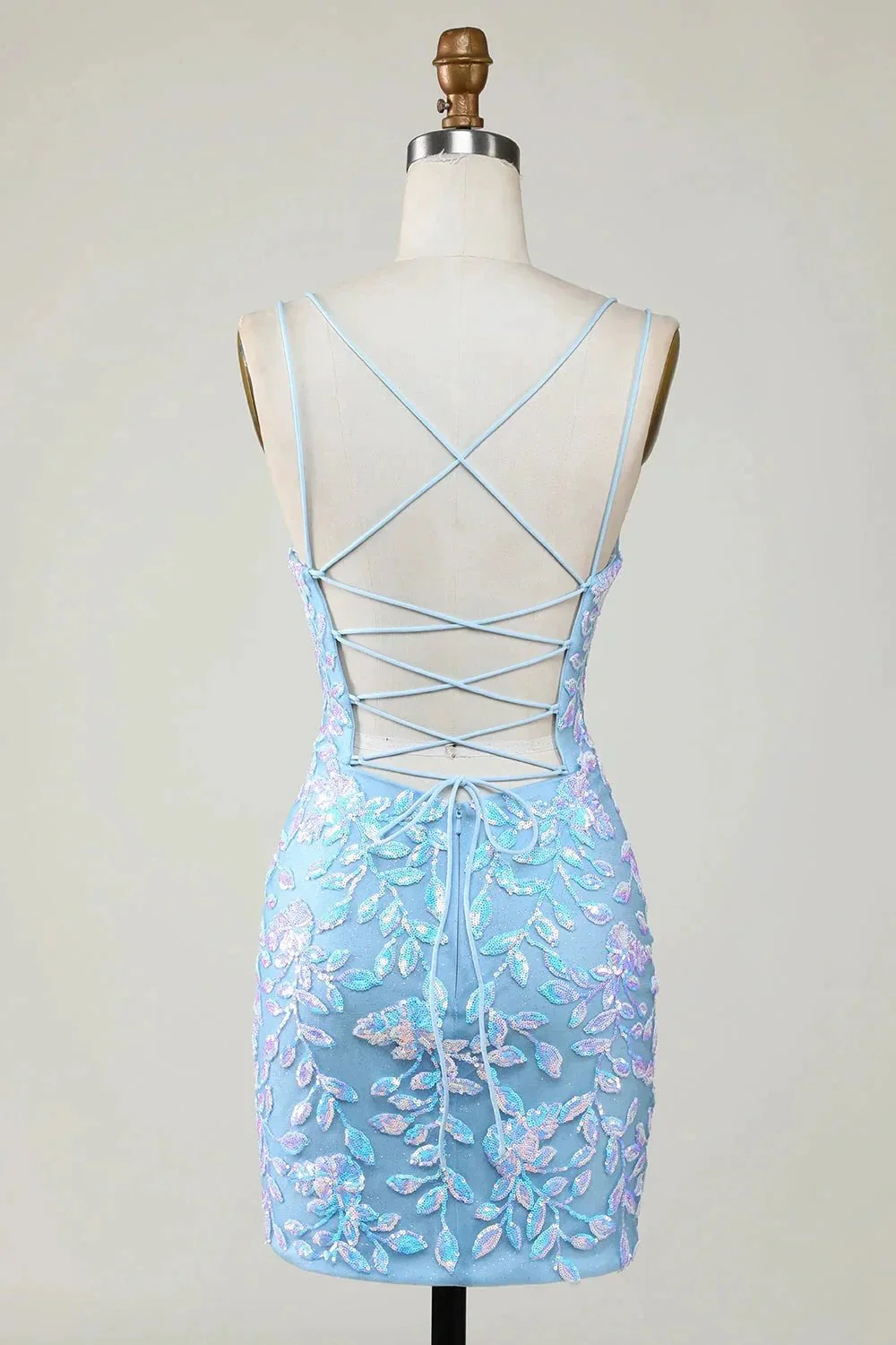 Blue Sheath Spaghetti Straps Short Homecoming Dress With Aqqliques - Image 2