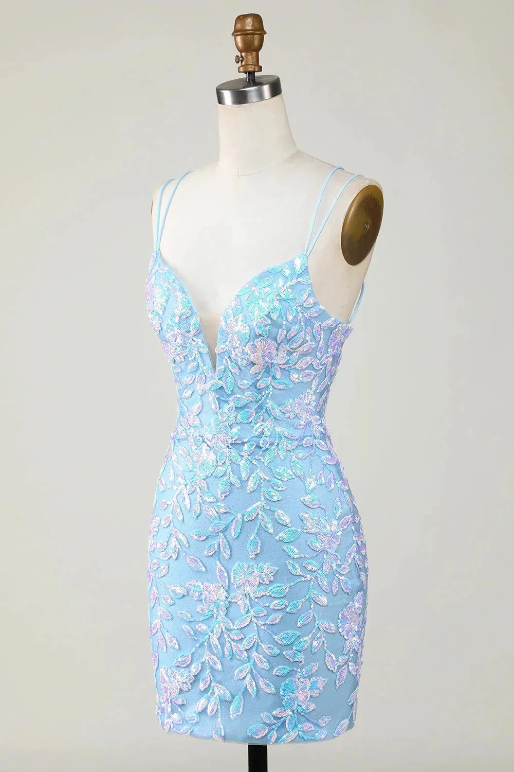 Blue Sheath Spaghetti Straps Short Homecoming Dress With Aqqliques - Image 3