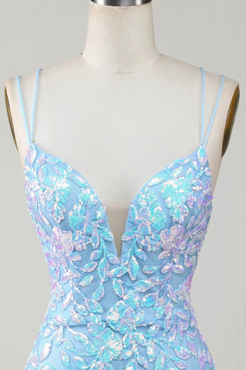 Blue Sheath Spaghetti Straps Short Homecoming Dress With Aqqliques - Image 4