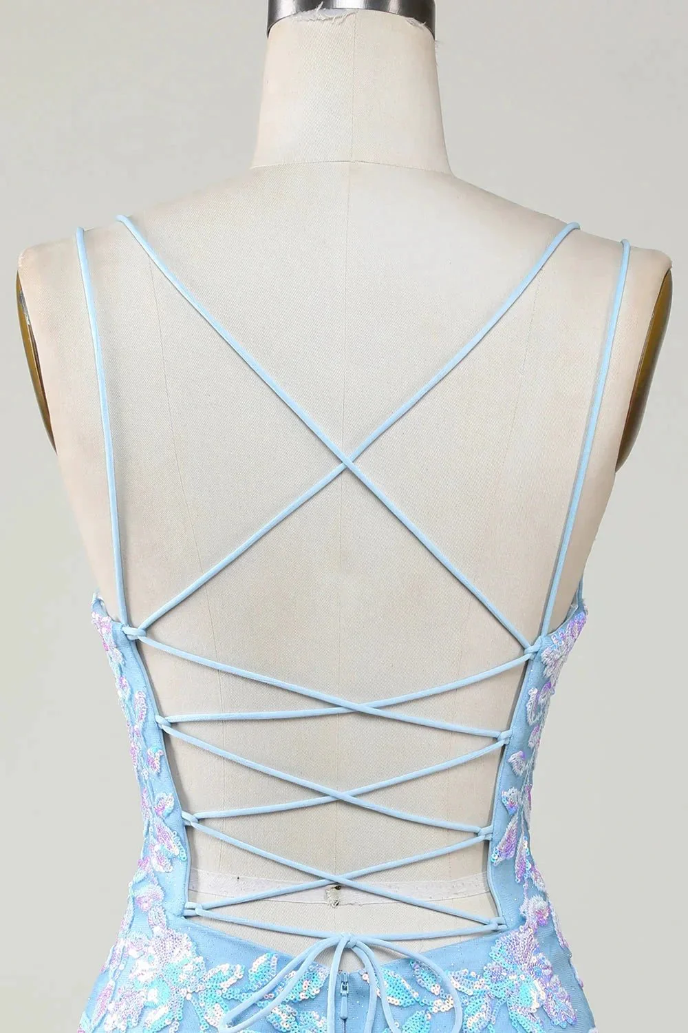 Blue Sheath Spaghetti Straps Short Homecoming Dress With Aqqliques - Image 5
