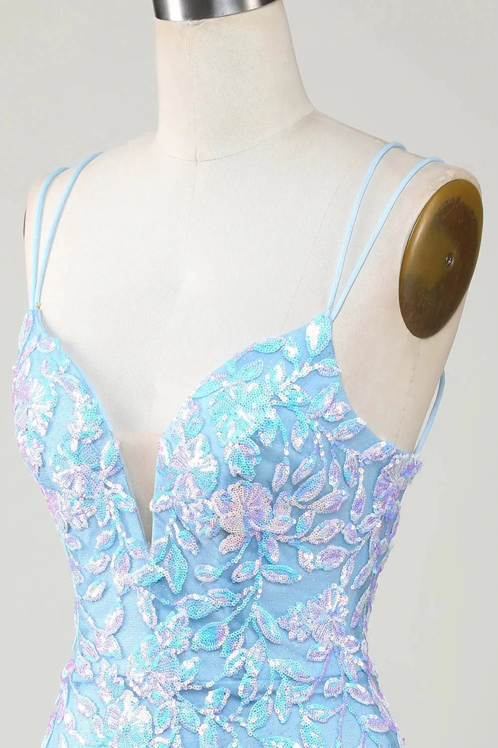 Blue Sheath Spaghetti Straps Short Homecoming Dress With Aqqliques - Image 6