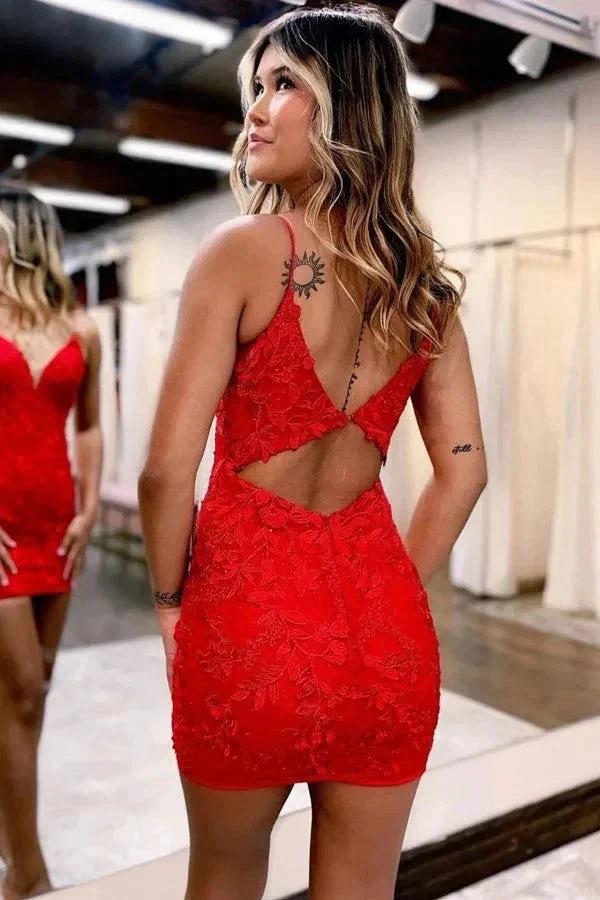 Bodycon Spaghetti Straps Red Homecoming Dress With Aqqliques PD522 - Image 2