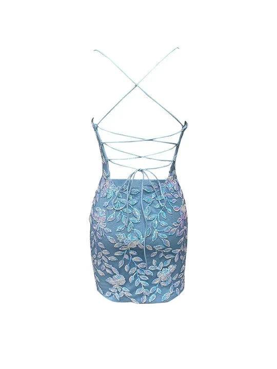 Bodycon V Neck Blue Lace Homecoming Dresses - Image 2