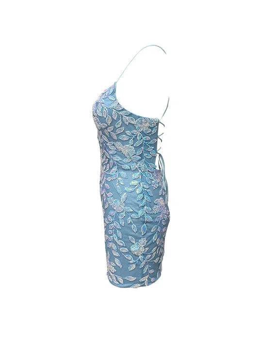 Bodycon V Neck Blue Lace Homecoming Dresses - Image 3