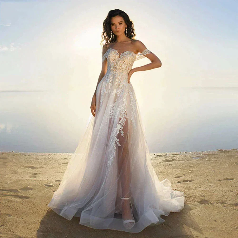Bohemia Off Shoulder Wedding Dresses Women's Elegant Sleeveless Retro Sweet Lace Decal A-Line Backless Bridal Gowns Vestidos De - Image 3