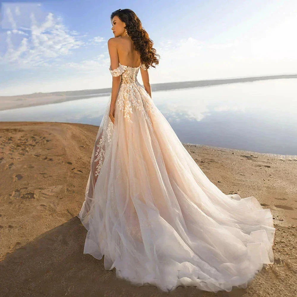Bohemia Off Shoulder Wedding Dresses Women's Elegant Sleeveless Retro Sweet Lace Decal A-Line Backless Bridal Gowns Vestidos De - Image 4