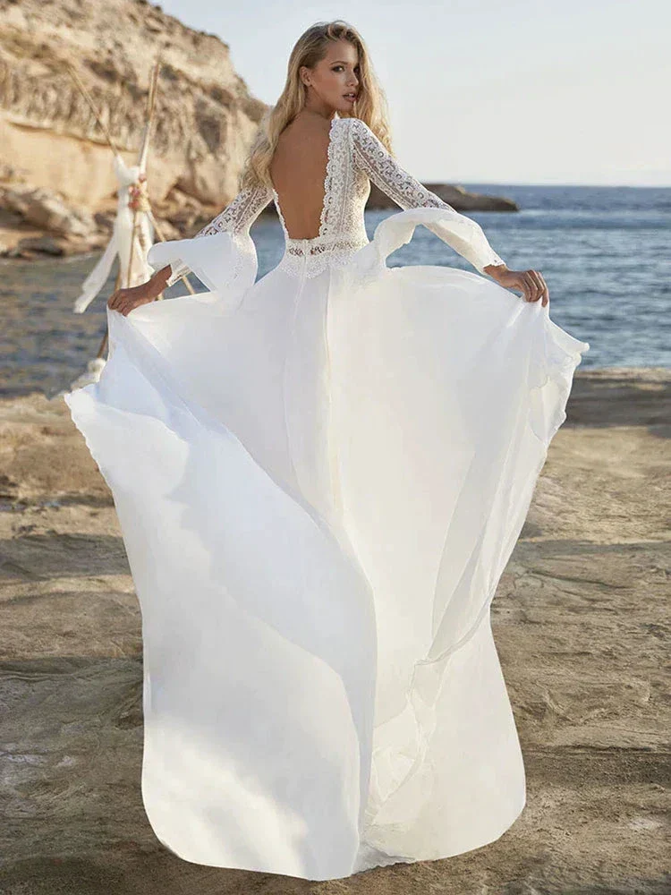 Bohemian A Line Chiffon Wedding Dresses 2024 V Neck Long Sleeve Lace Applique Backless For Women  Bridal Gown Vestidos De Novia - Image 2