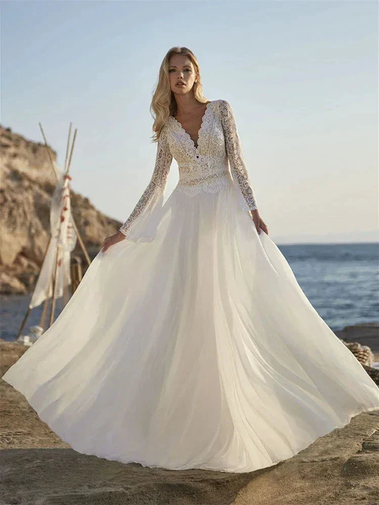 Bohemian A Line Chiffon Wedding Dresses 2024 V Neck Long Sleeve Lace Applique Backless For Women  Bridal Gown Vestidos De Novia - Image 3