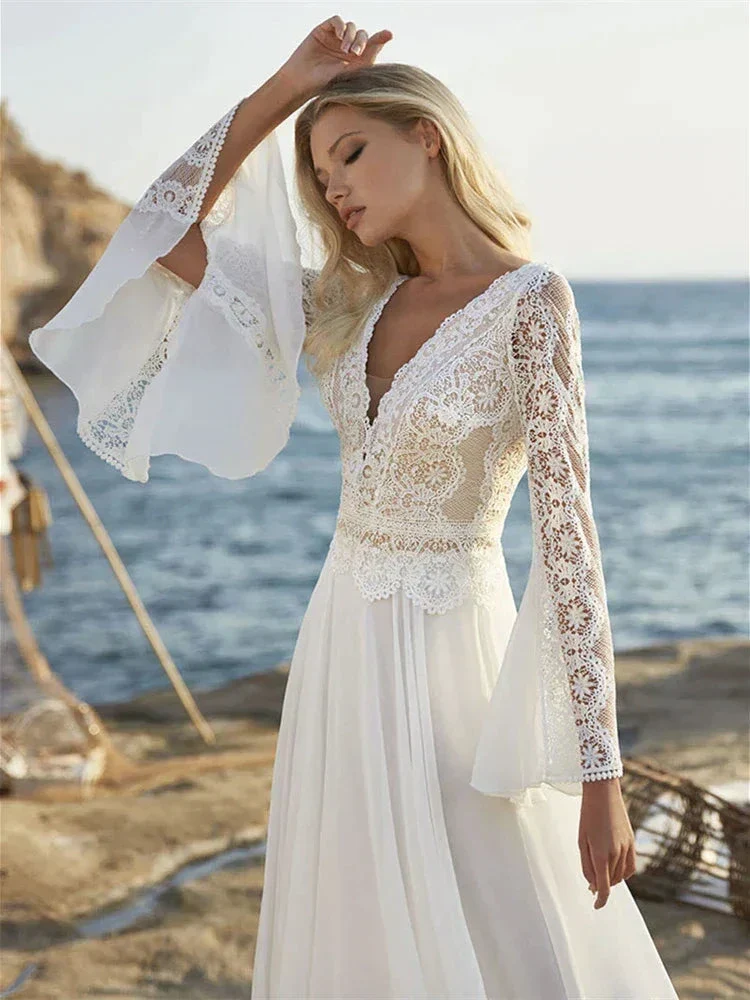 Bohemian A Line Chiffon Wedding Dresses 2024 V Neck Long Sleeve Lace Applique Backless For Women  Bridal Gown Vestidos De Novia - Image 4