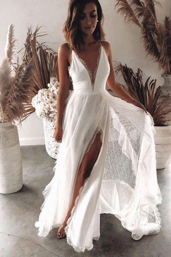 Bohemian A Line V Neck Lace Split Wedding Dresses with Appliques  WD560 - Image 2