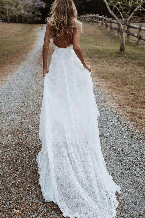 Bohemian A Line V Neck Lace Split Wedding Dresses with Appliques  WD560 - Image 3