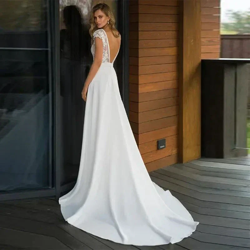 Bohemian Deep V-neck Bridal Dresses 2024 Elegant Lace Sticking Flora Back Chiffon Wedding Gowns De Mariée Customized Robe De - Image 2