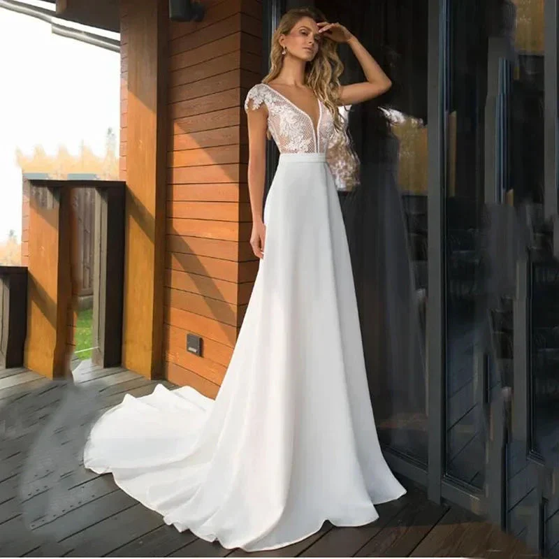 Bohemian Deep V-neck Bridal Dresses 2024 Elegant Lace Sticking Flora Back Chiffon Wedding Gowns De Mariée Customized Robe De - Image 3