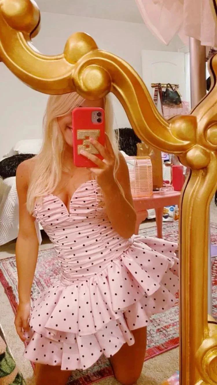 Bohemian Mini Dress Pink Dot Short Homecoming Dress Pink Tiered Dress Y2001 - Image 2