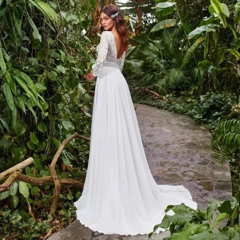 Bohemian Sweetheart Wedding Dresses A-Line Long Sleeve White Lace Applique Chiffon Backless Bridal Gown Train Vestidos De Novia - Image 2