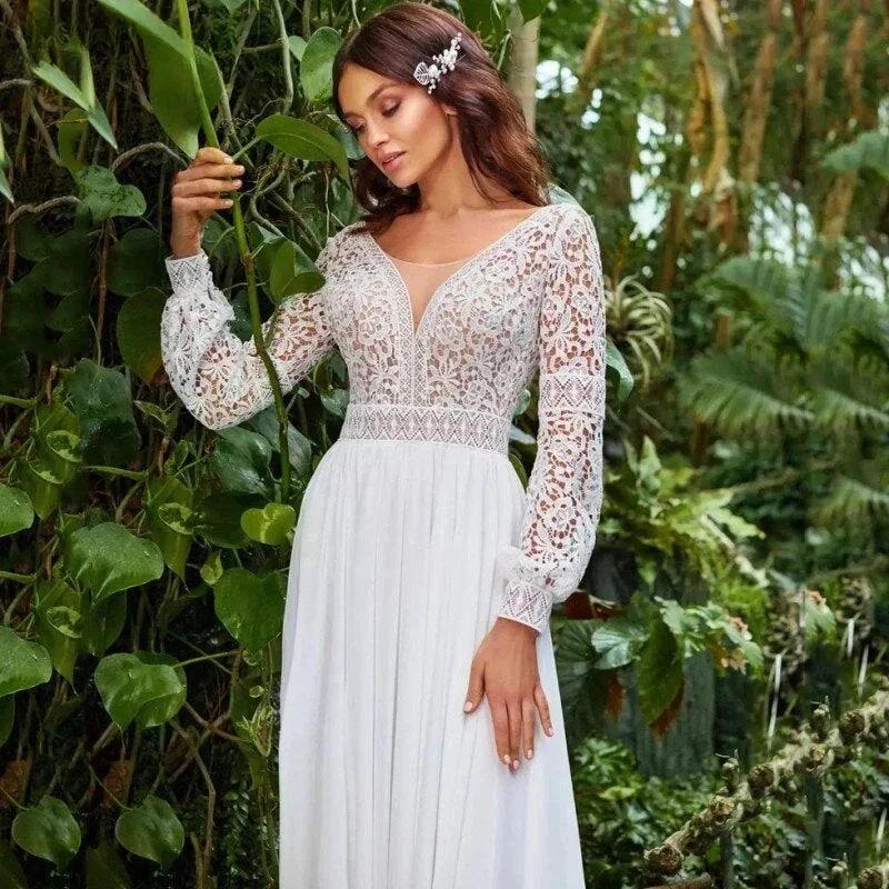 Bohemian Sweetheart Wedding Dresses A-Line Long Sleeve White Lace Applique Chiffon Backless Bridal Gown Train Vestidos De Novia - Image 3