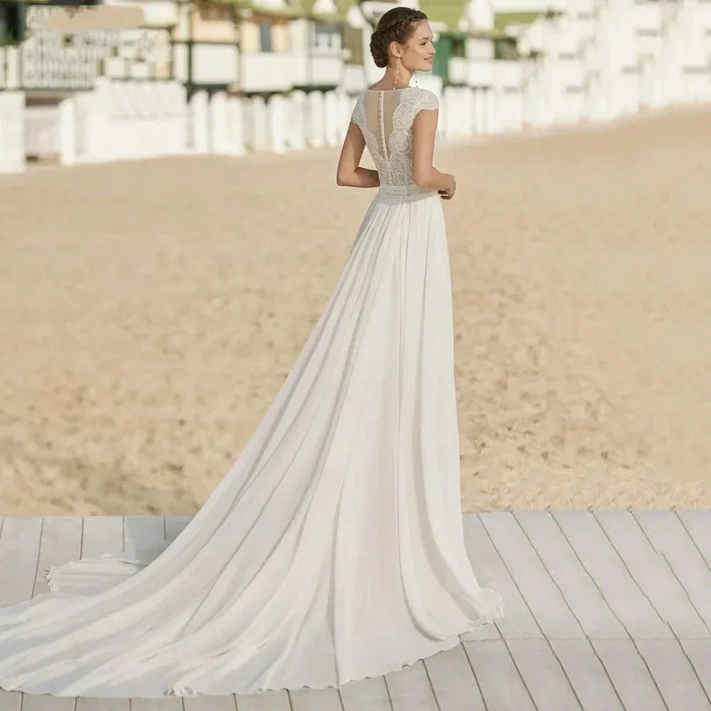 Bohemian V Neck Chiffon Wedding Dresses Short Sleeve Illusion Buttons Back Lace Vestido De Noiva Robe De Mariee - Image 2